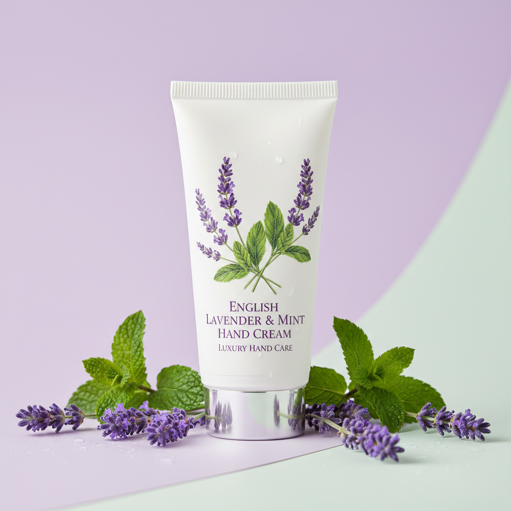 English Lavender and Mint Hand Cream tube with lavender sprigs and mint leaves