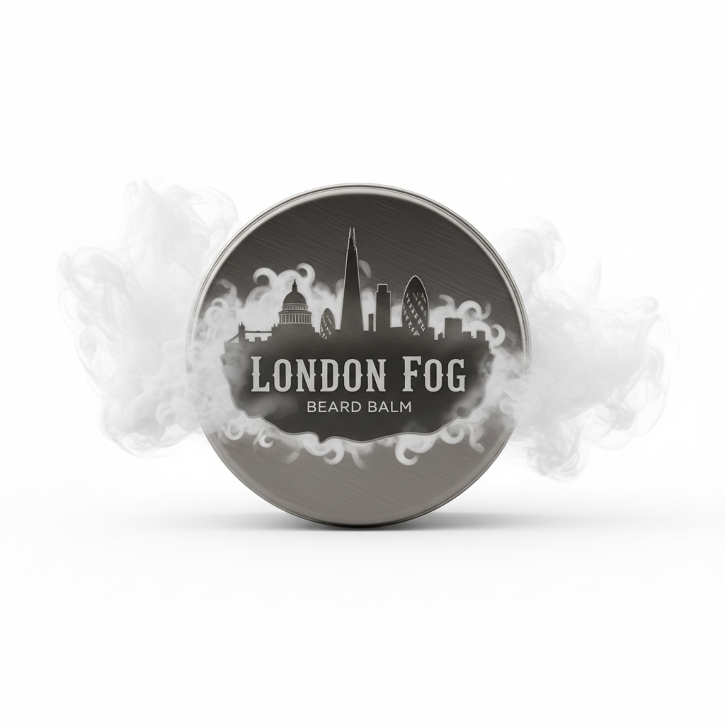 London Fog Beard Balm tin with London skyline design