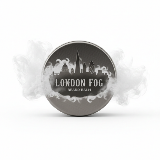 London Fog Beard Balm tin with London skyline design