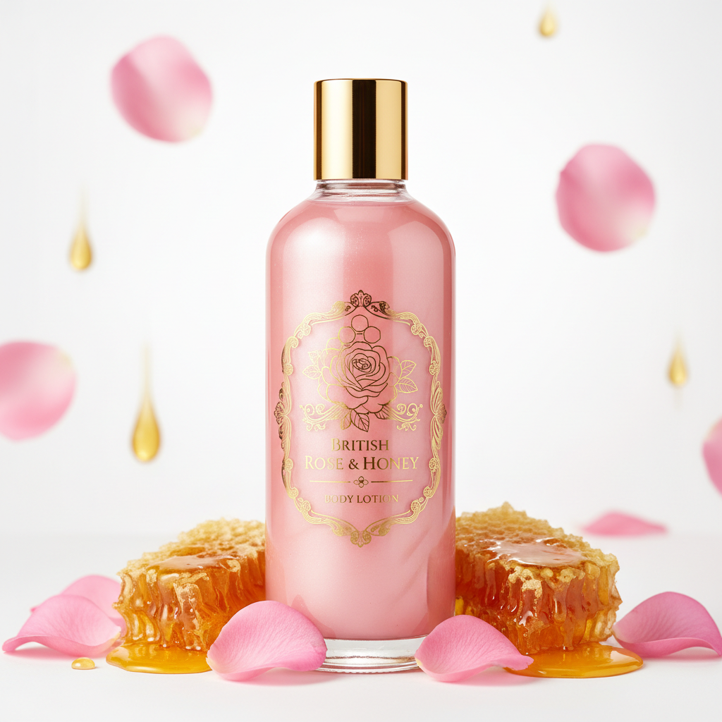 British Rose and Honey Body Lotion bottle with rose petals