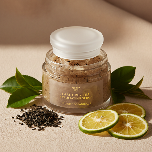 Earl Grey Exfoliating Scrub jar with tea leaves and bergamot